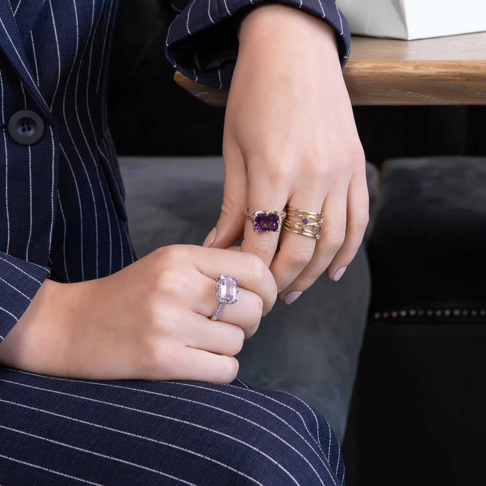 9ct White Gold Claw-Set Pink Amethyst and Pavé-Set Amethyst Cocktail Ring