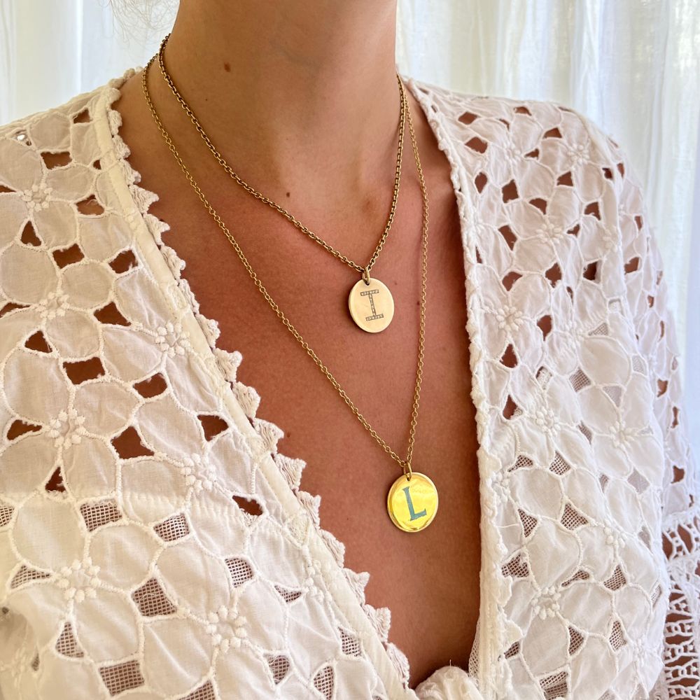 Sterling Silver Enamel Initial Disc Necklace
