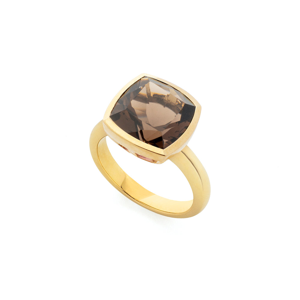 9ct Yellow Gold Rub-Over Set Single-Stone Smokey Quartz Ring