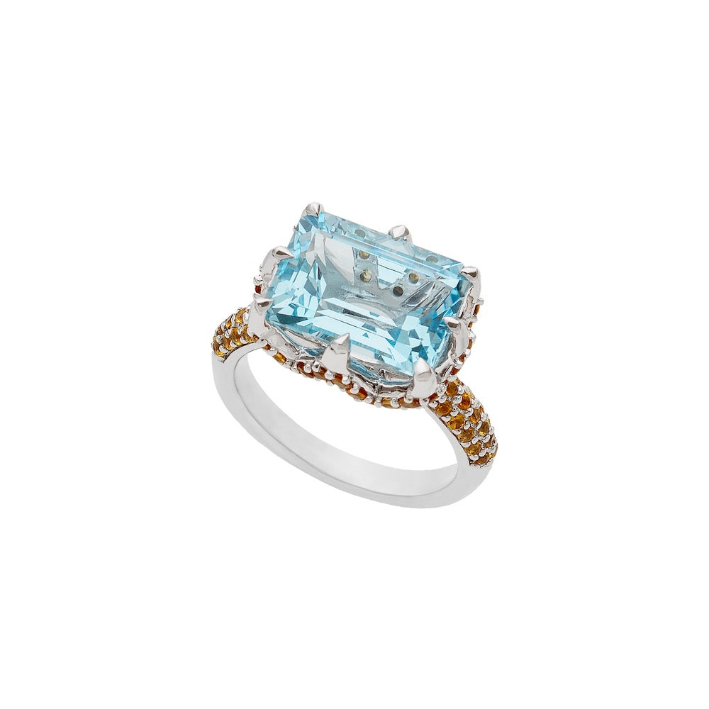 9ct White Gold Claw-Set Sky Blue Topaz and Pavé-Set Citrine Cocktail Ring