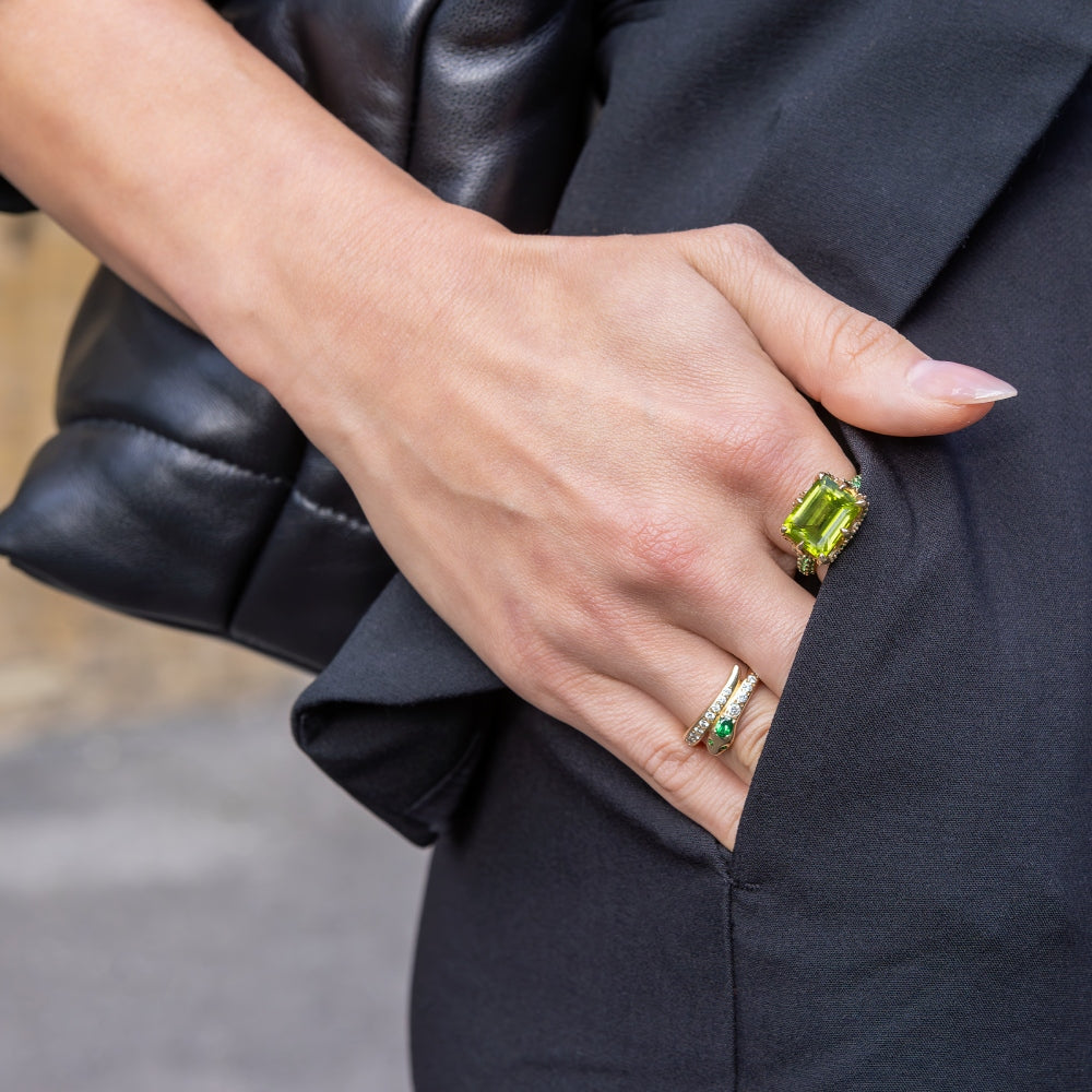 9ct Yellow Gold Snake Ring with Diamond and Tsavorite