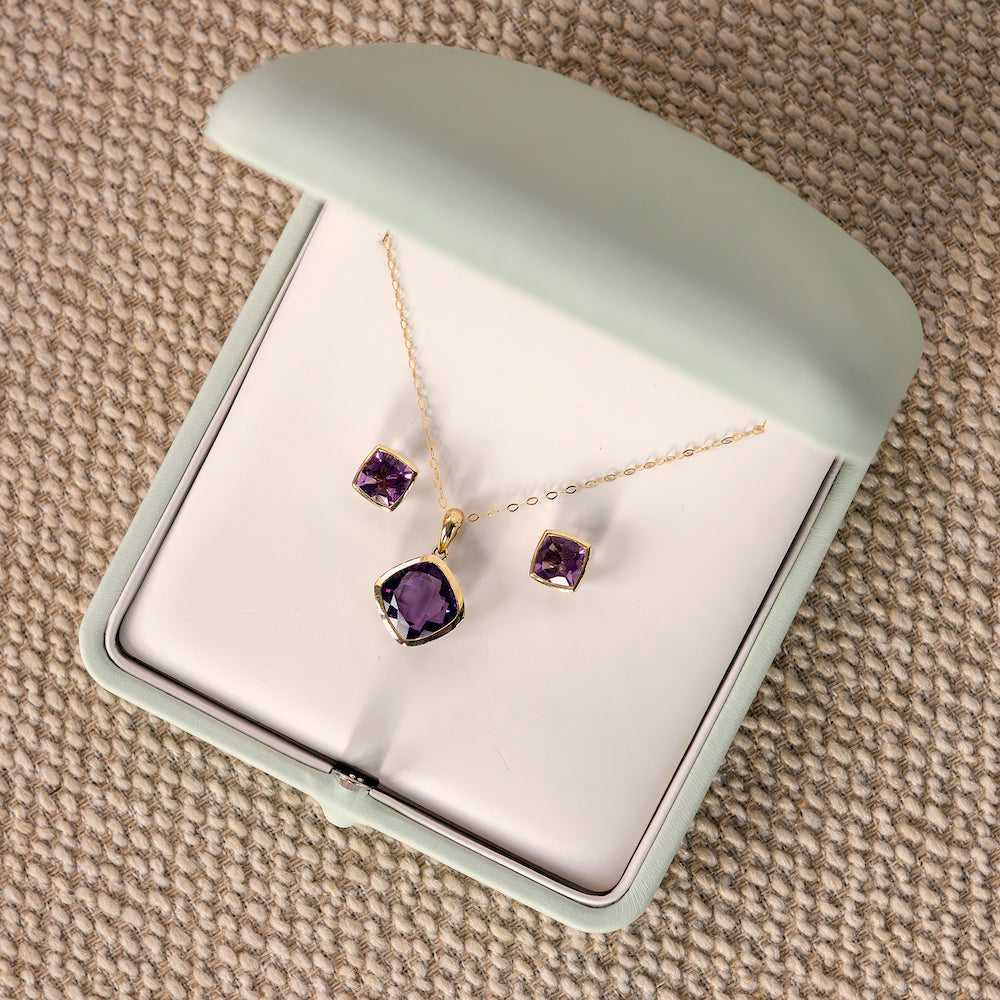 9ct Yellow Gold Rub-Over Set Cushion Amethyst Earrings