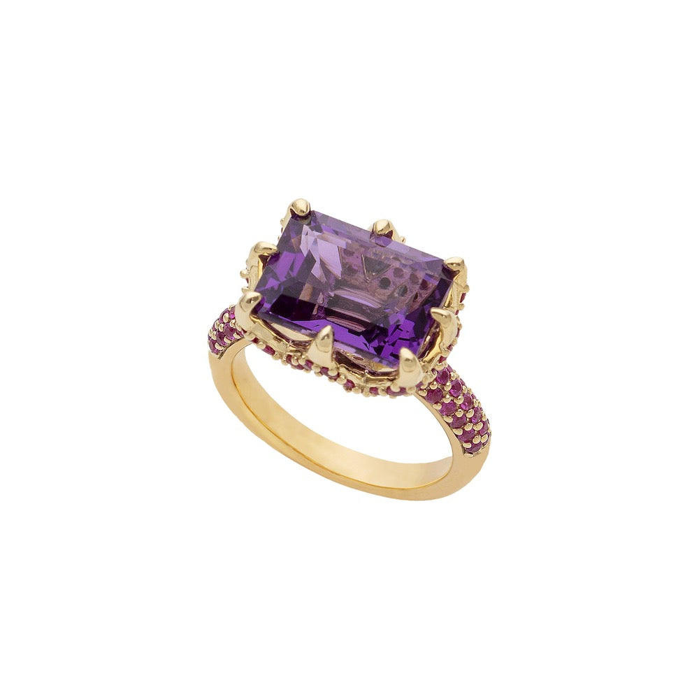 9ct Yellow Gold Claw-Set Amethyst and Pavé-Set Ruby Cocktail Ring