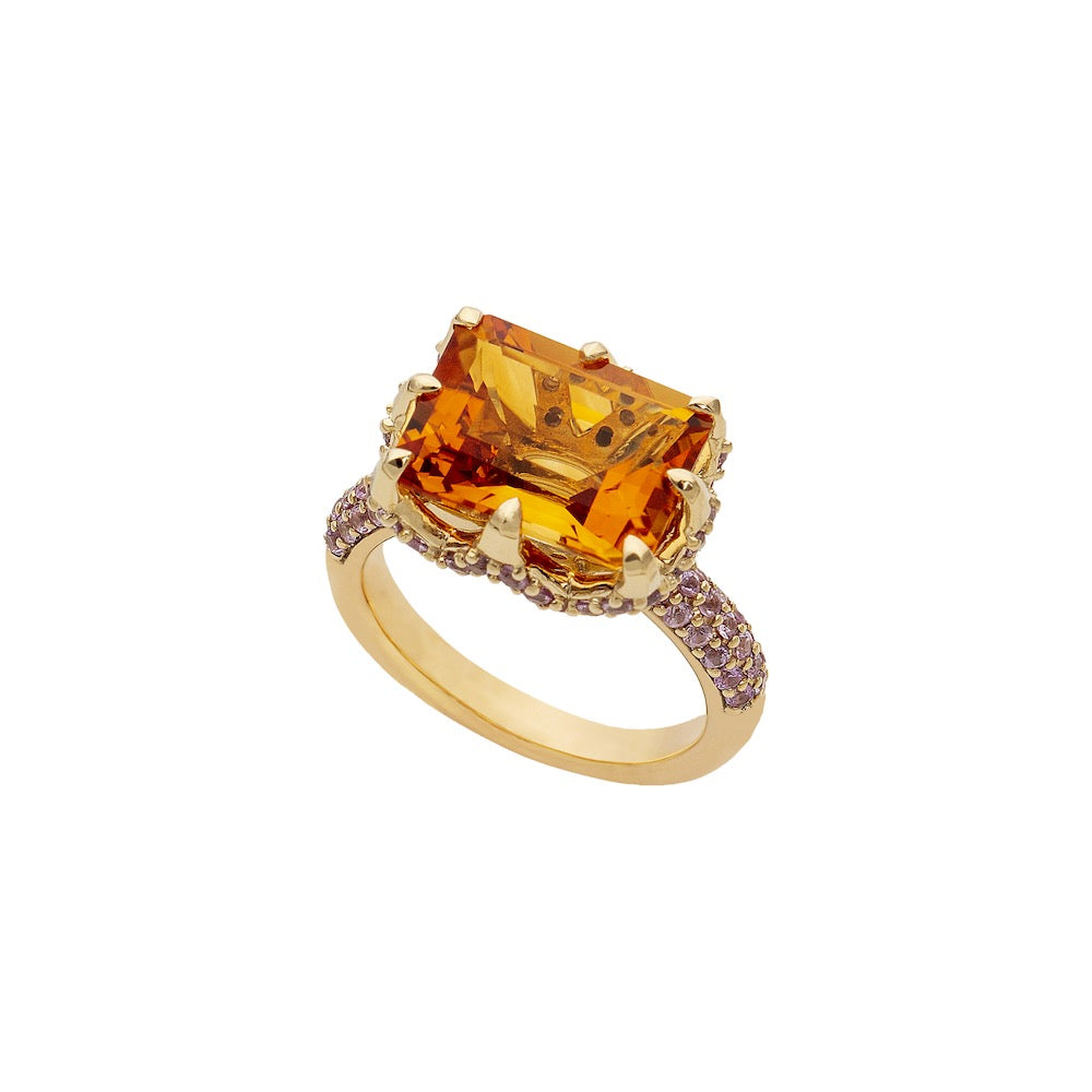 9ct Yellow Gold Claw-Set Citrine and Pavé-Set Pink Sapphire Cocktail Ring