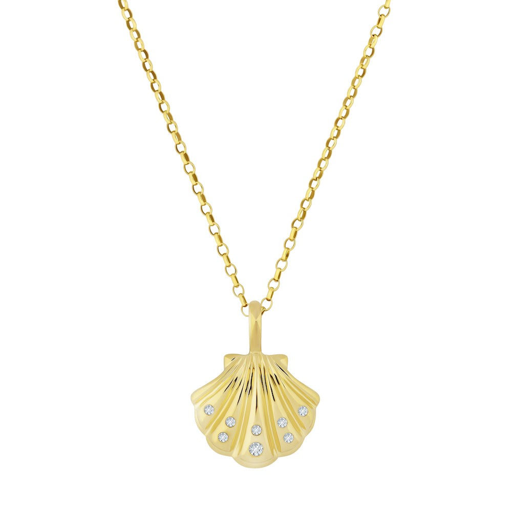 9ct Yellow Gold Shell Necklace With Diamonds - Fixed Loop (Small/Large)