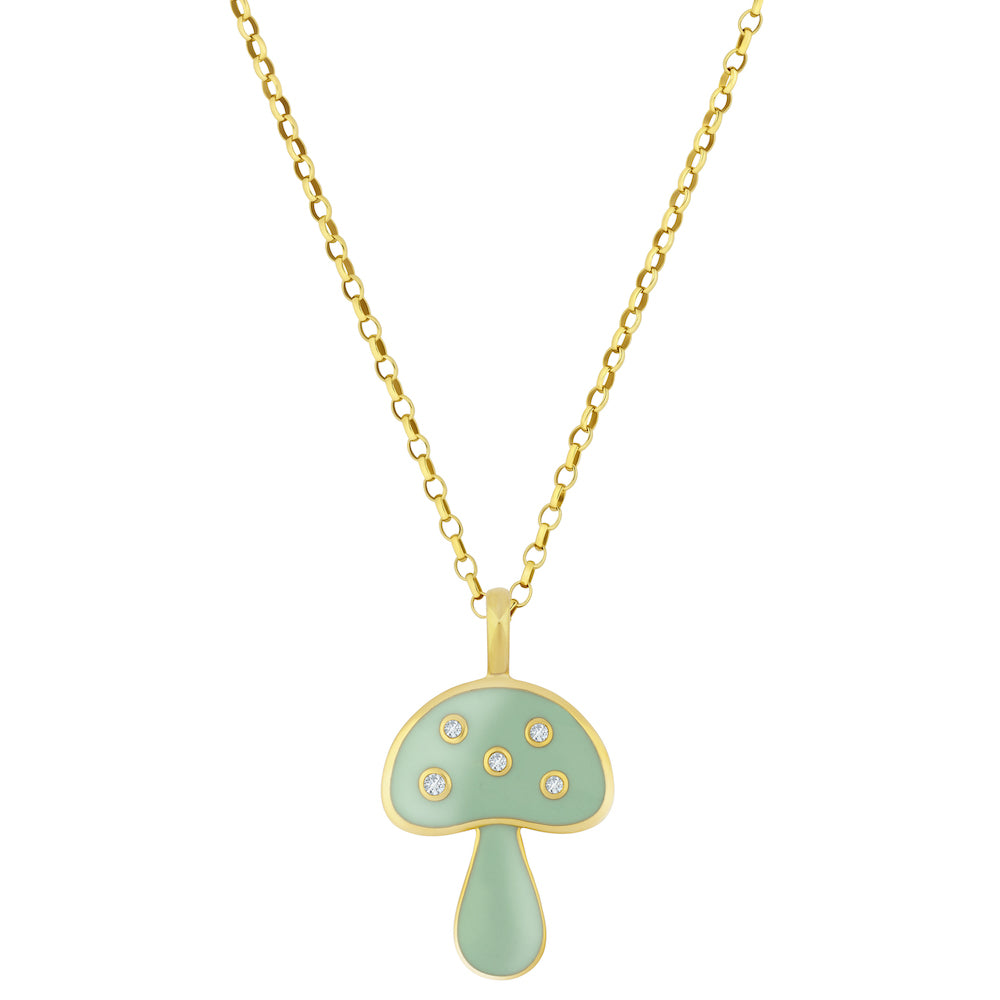 9ct Yellow Gold Mint Green Enamel Mushroom Necklace with Diamonds