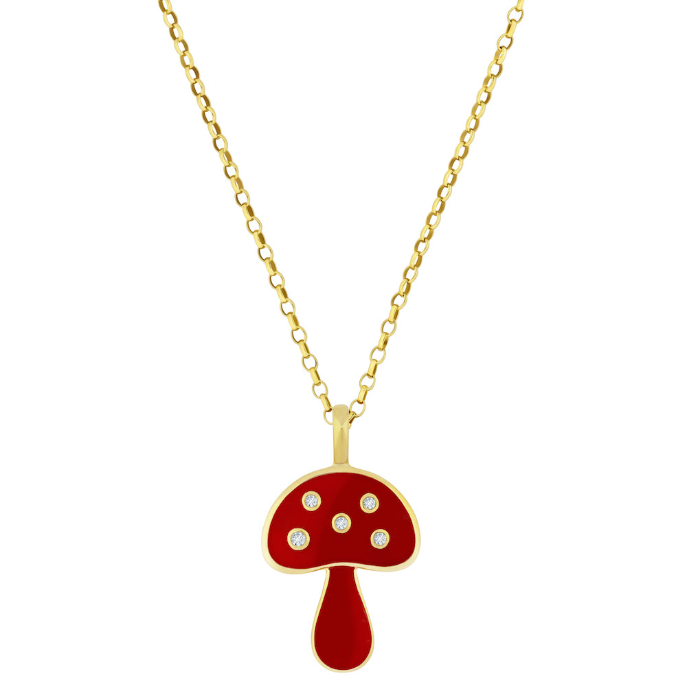 9ct Yellow Gold Red Coral Enamel Mushroom Necklace with Diamonds