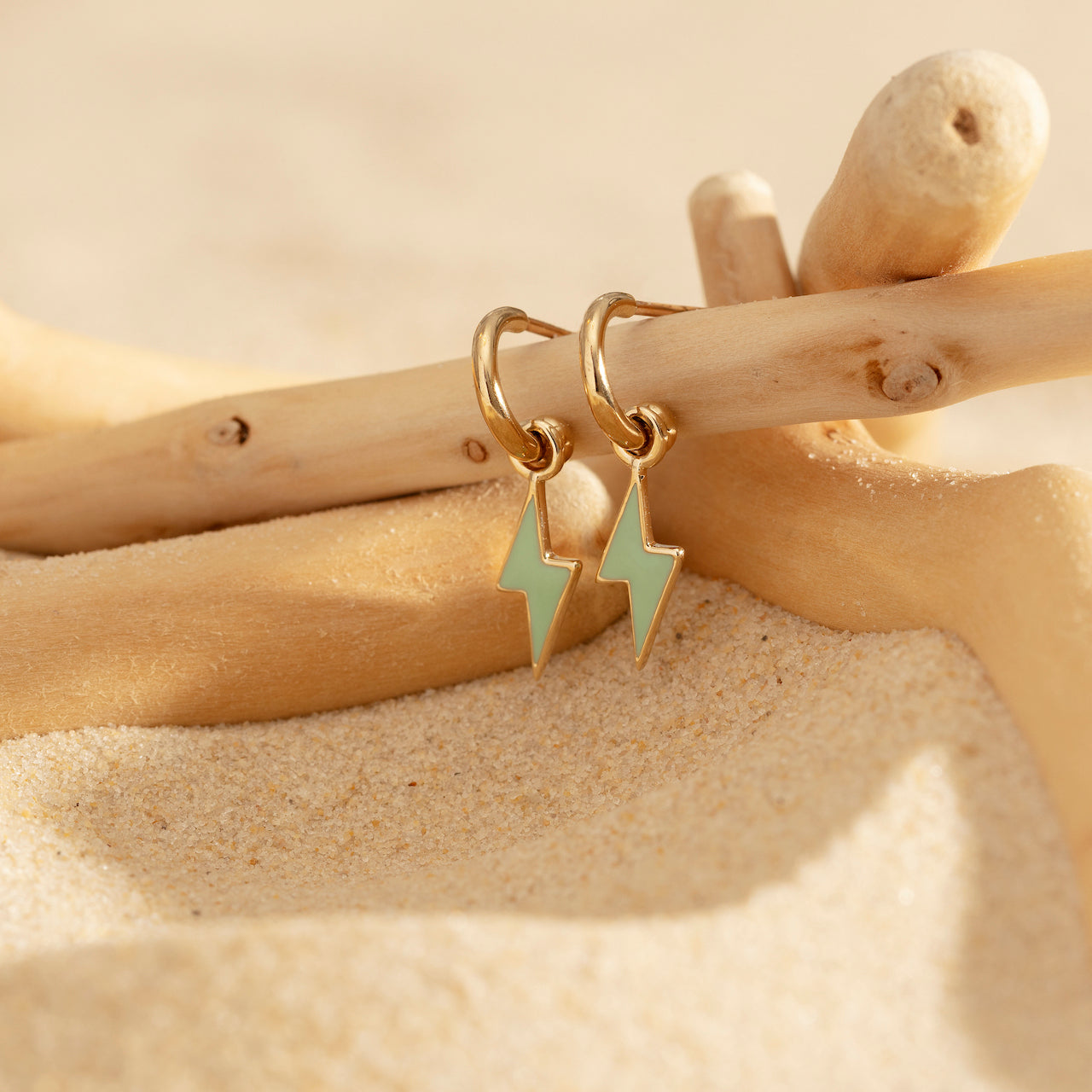 9ct Yellow Gold Earrings with Interchangeable Mint Green Enamel Bolt Drops