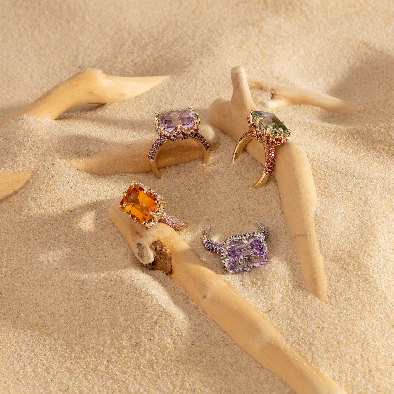 9ct Yellow Gold Claw-Set Green Quartz and Pavé-Set Red Sapphire Cocktail Ring