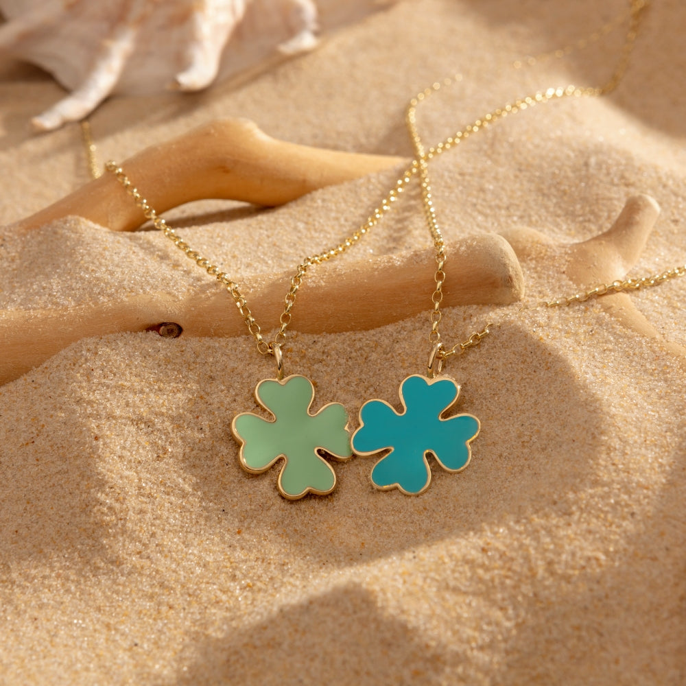 9ct Yellow Gold Mint Green Enamel Clover Necklace