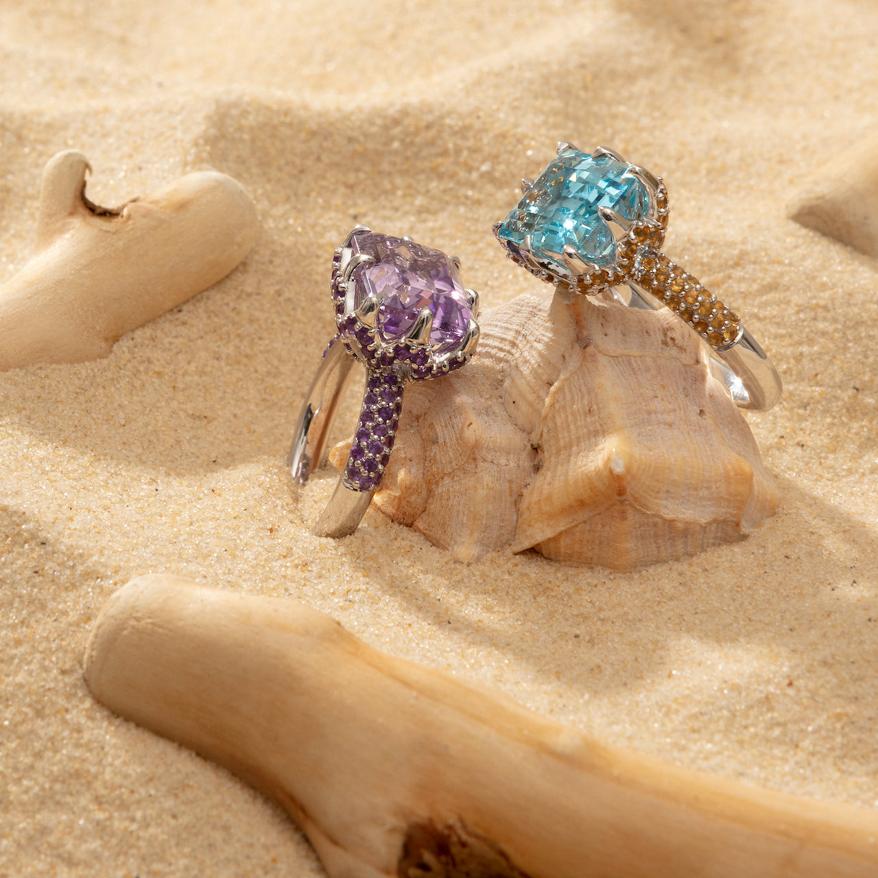 9ct White Gold Claw-Set Sky Blue Topaz and Pavé-Set Citrine Cocktail Ring