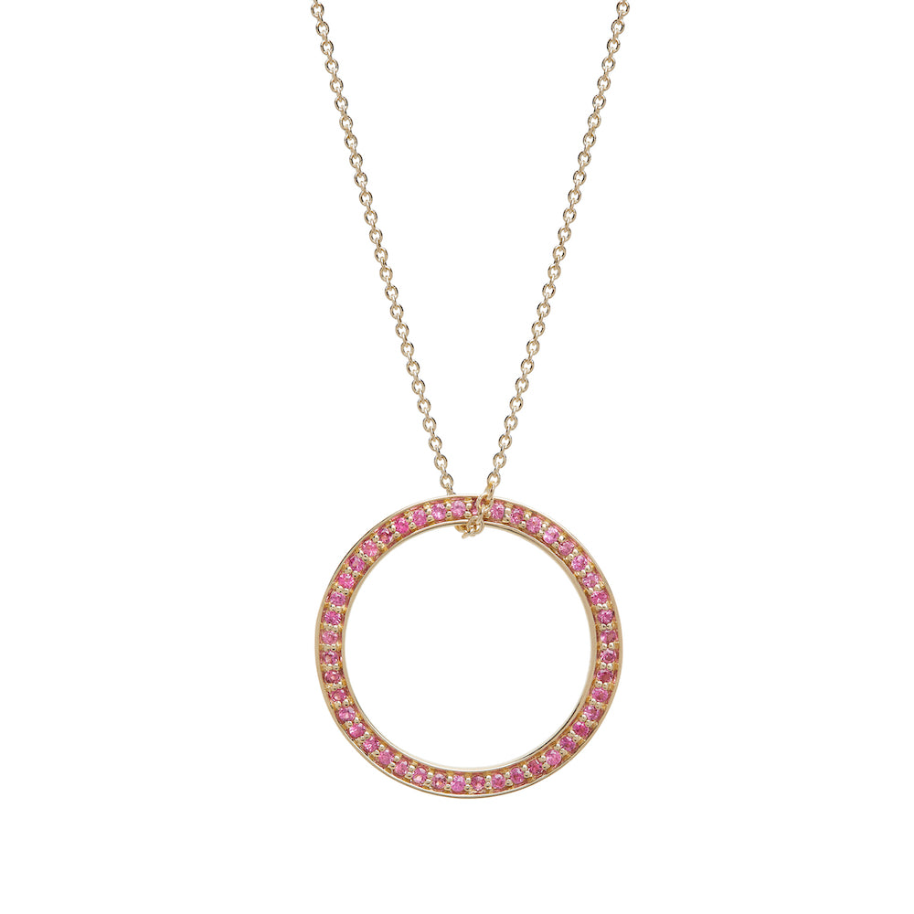 Yellow Gold Circle of Life Necklace with Red Spinel
