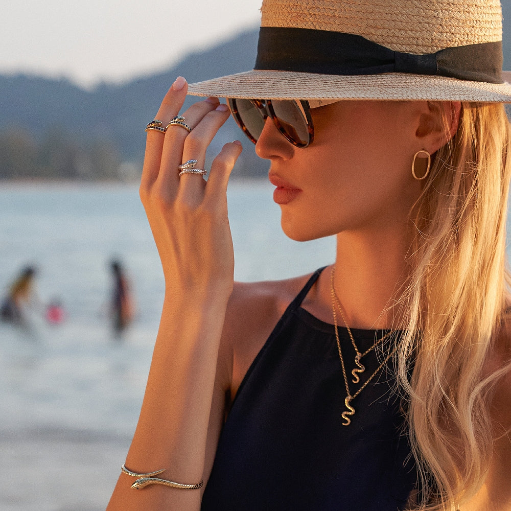 9ct Yellow Gold Snake Bangle Set with Sapphire Eyes