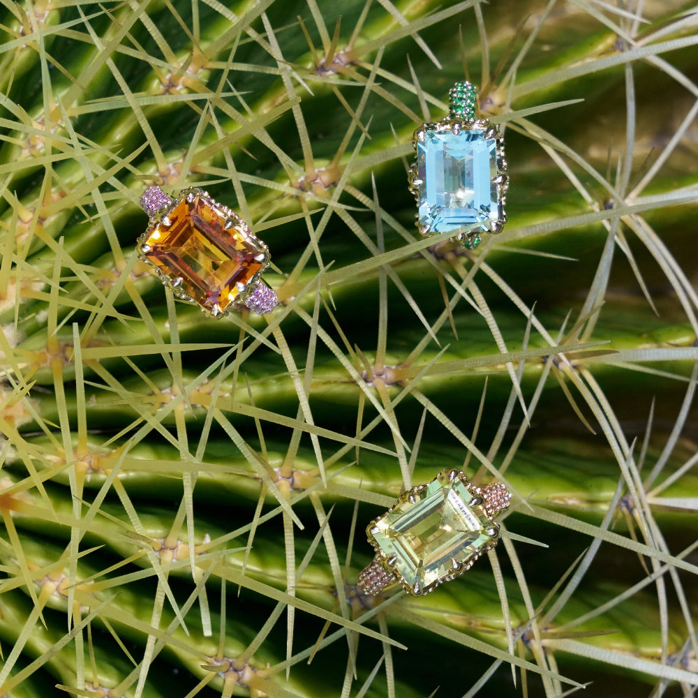 9ct Yellow Gold Claw-Set Green Quartz and Pavé-Set Red Sapphire Cocktail Ring