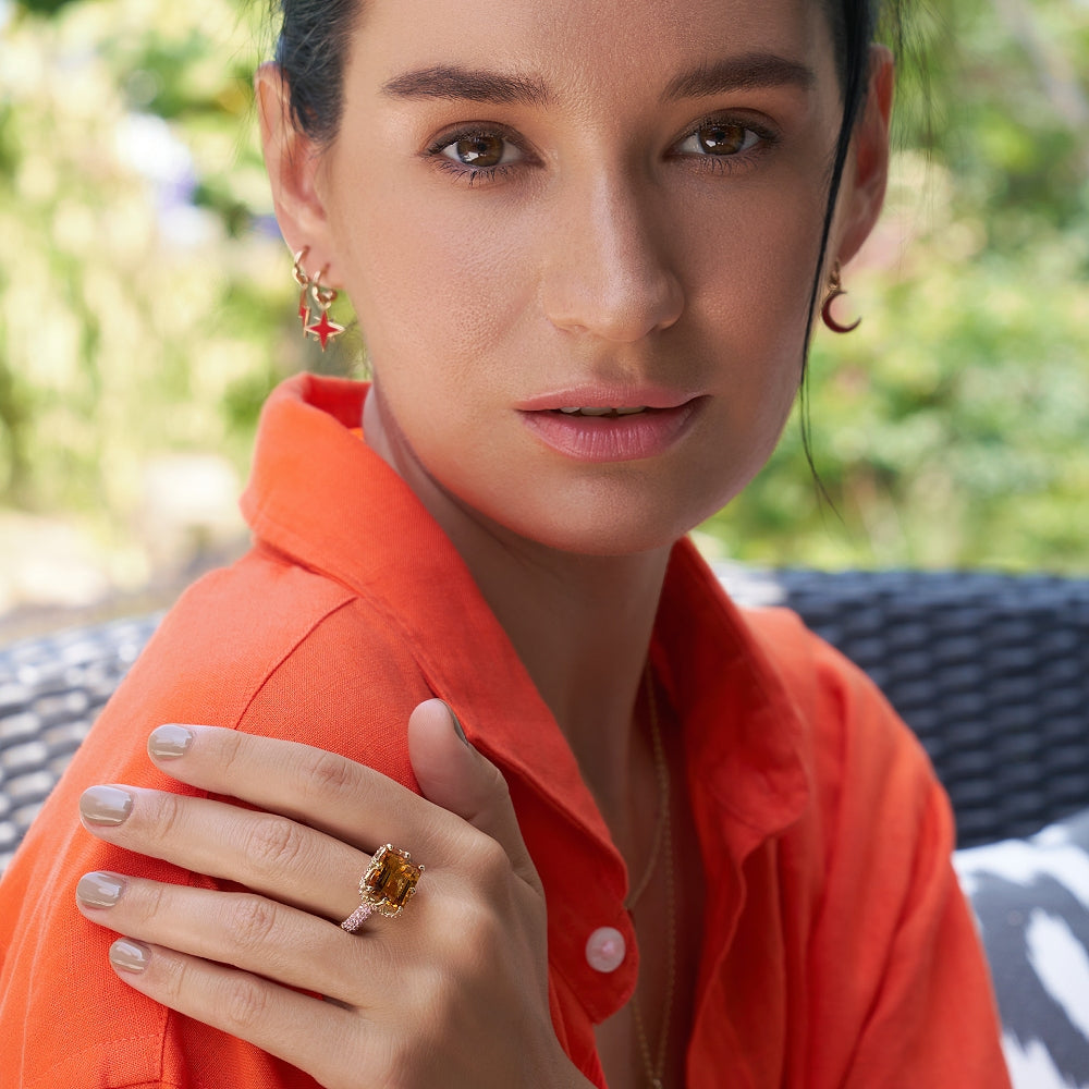9ct Yellow Gold Claw-Set Citrine and Pavé-Set Pink Sapphire Cocktail Ring