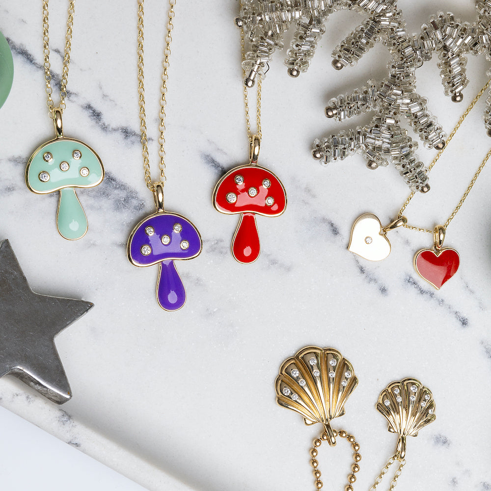 9ct Yellow Gold Purple Enamel Mushroom Necklace with Diamonds