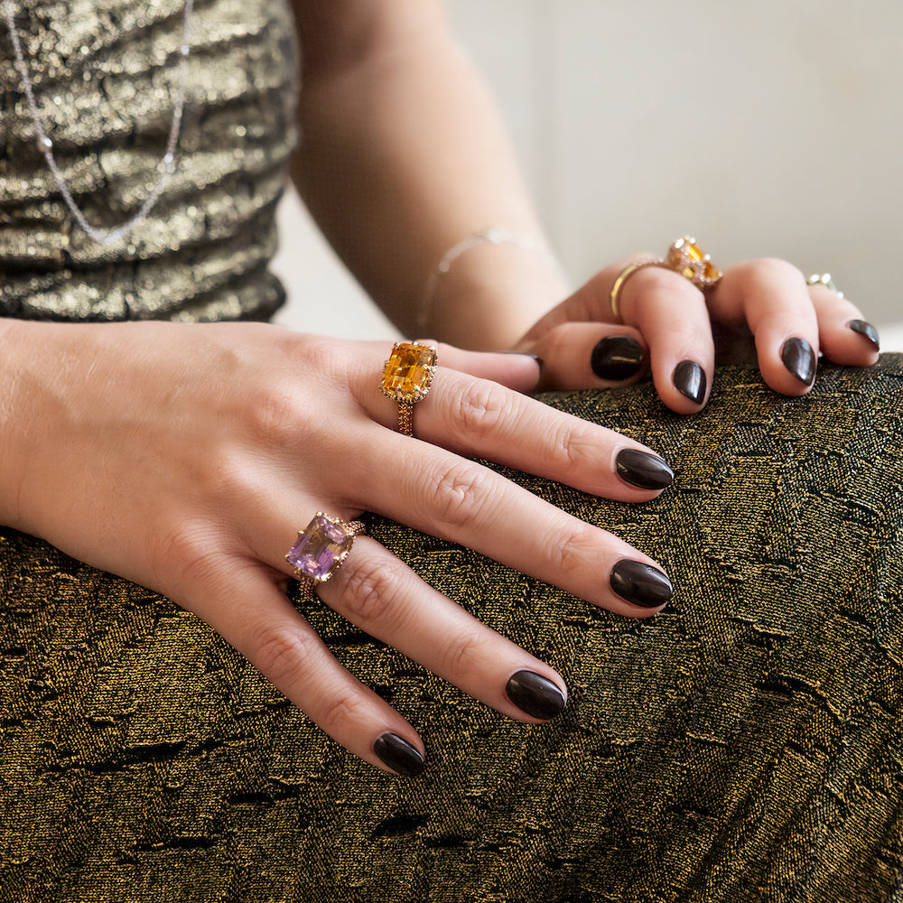 9ct Yellow Gold Claw-Set Pink Amethyst and Pavé-Set Pink Amethyst Cocktail Ring