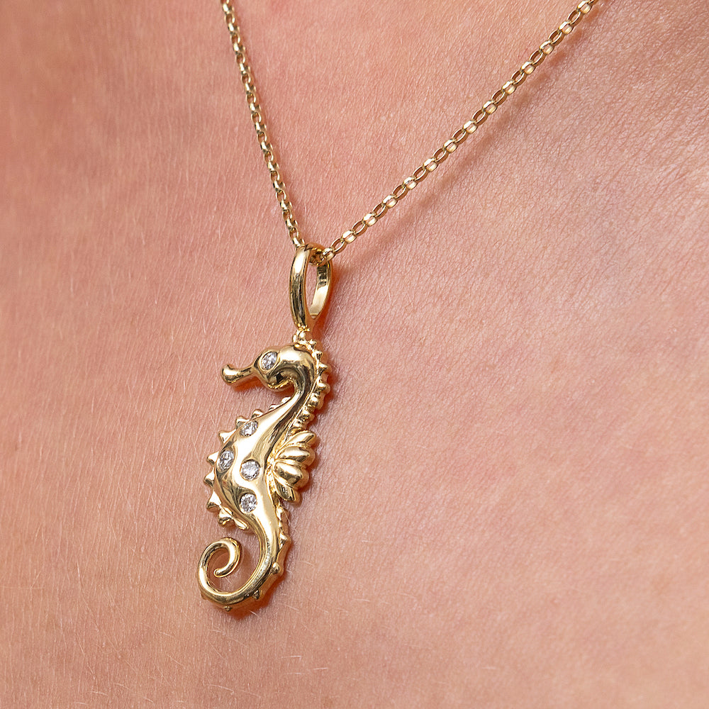 9ct Yellow Gold and Diamond Seahorse Necklace - Fixed Loop