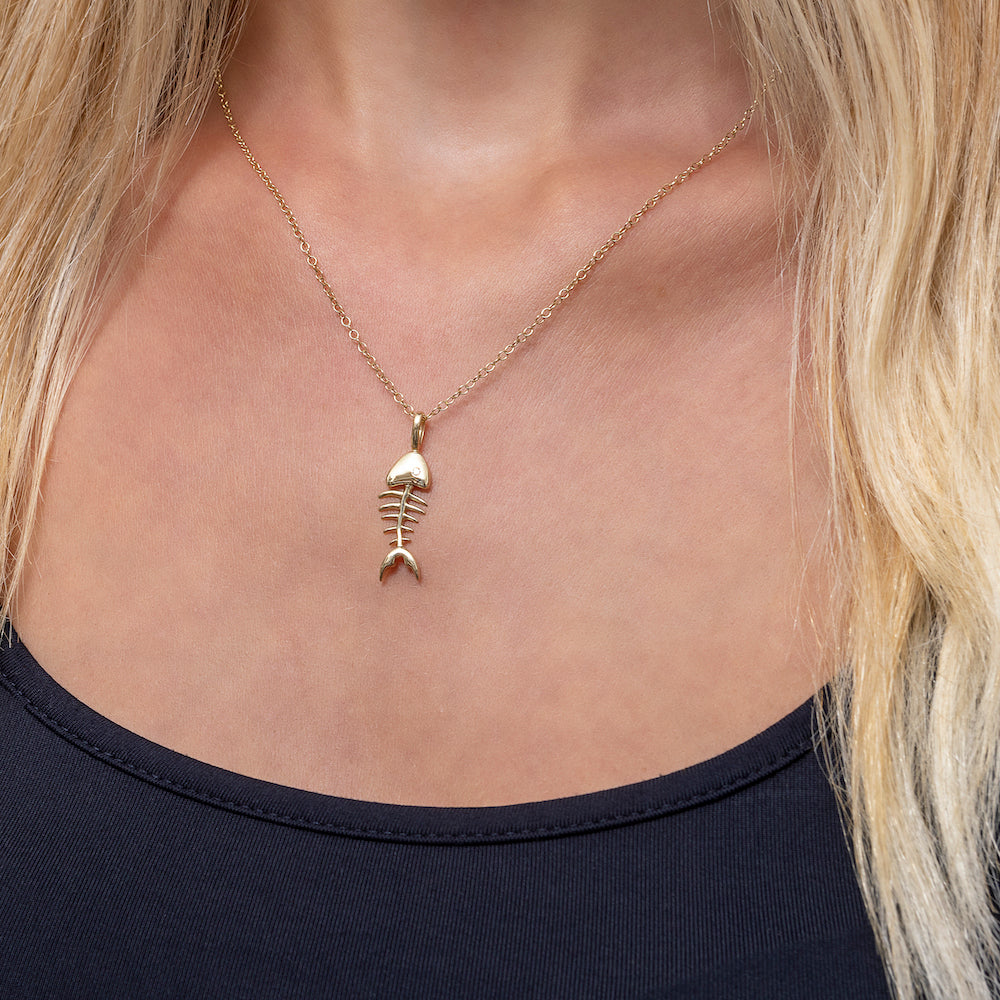 9ct Yellow Gold and Diamond Fishbone Necklace