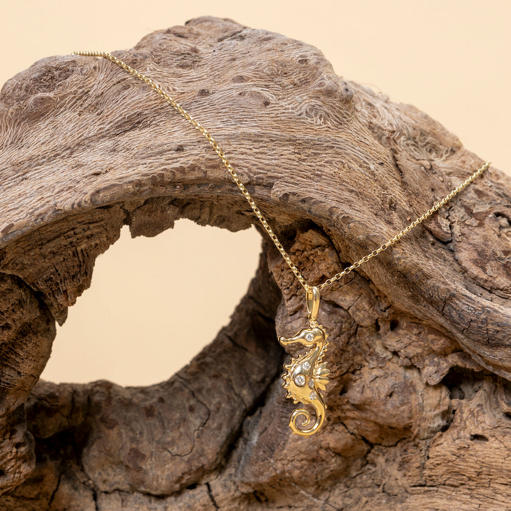 9ct Yellow Gold and Diamond Seahorse Necklace - Fixed Loop