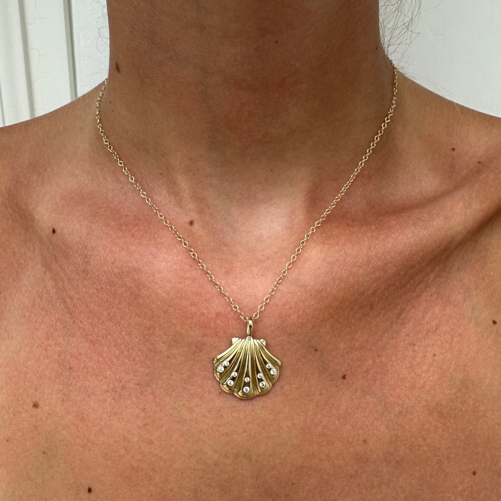 9ct Yellow Gold Shell Necklace With Diamonds - Fixed Loop (Small/Large)