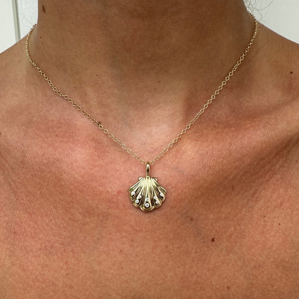 9ct Yellow Gold Shell Necklace With Diamonds - Fixed Loop (Small/Large)