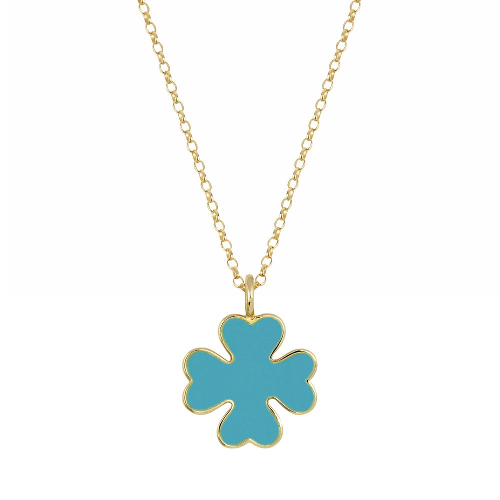 9ct Yellow Gold Turquoise Enamel Clover Necklace