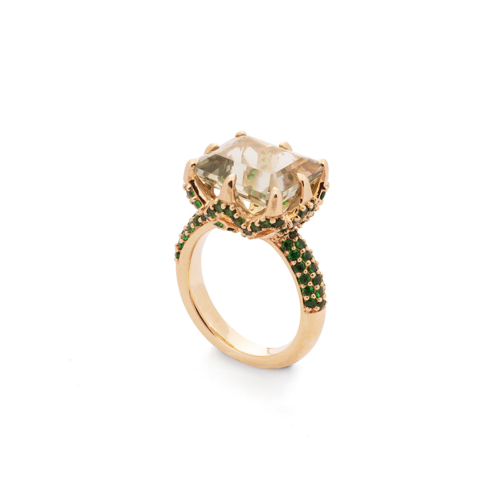 9ct Yellow Gold Claw-Set Green Quartz and Pavé-Set Tsavorite Cocktail Ring