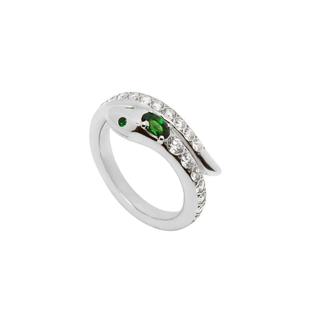 9ct White Gold Snake Ring with Diamond and Tsavorite