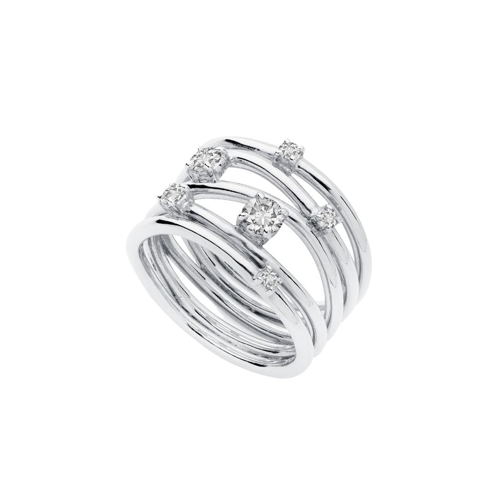 9ct White Gold Wide Band Wire Ring With Scattered Diamonds