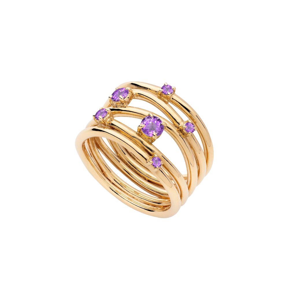 9ct Yellow Gold Wide Band Wire Ring With Scattered Amethyst
