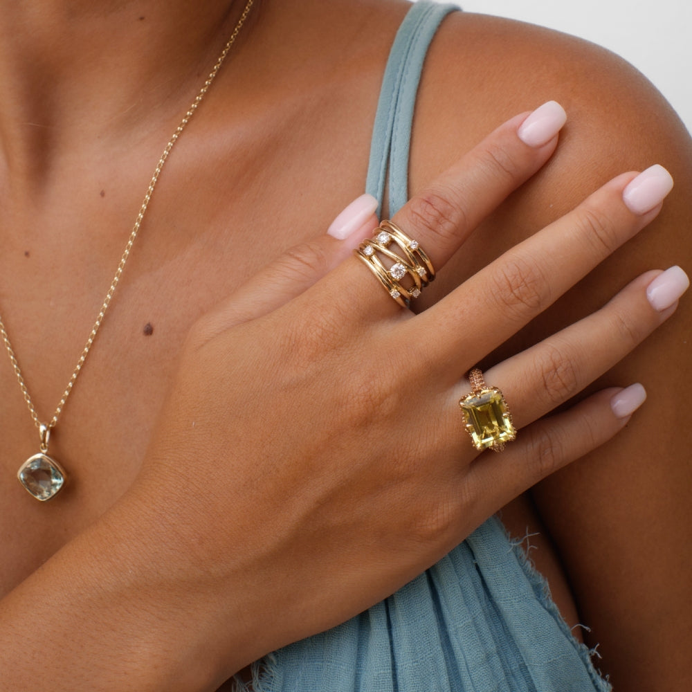 9ct Yellow Gold Wide Band Wire Ring With Scattered Citrine