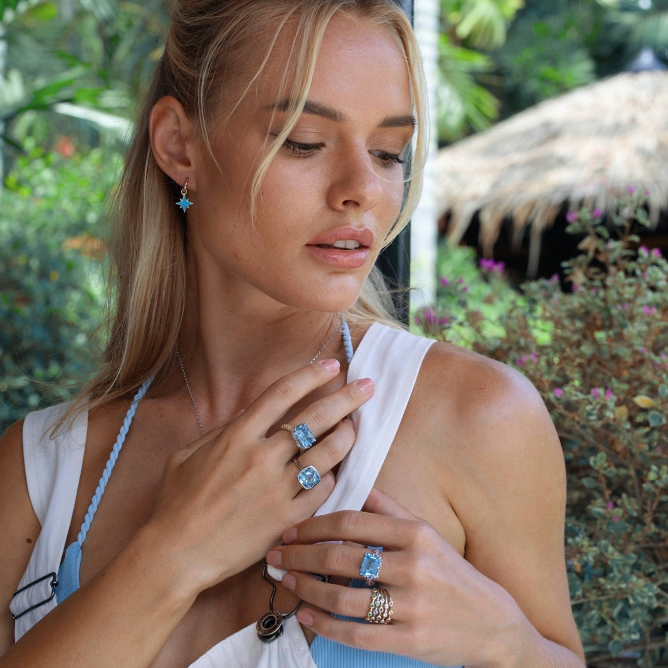 9ct White Gold Claw-Set Blue Topaz and Pavé-Set Pink Tourmaline Cocktail Ring
