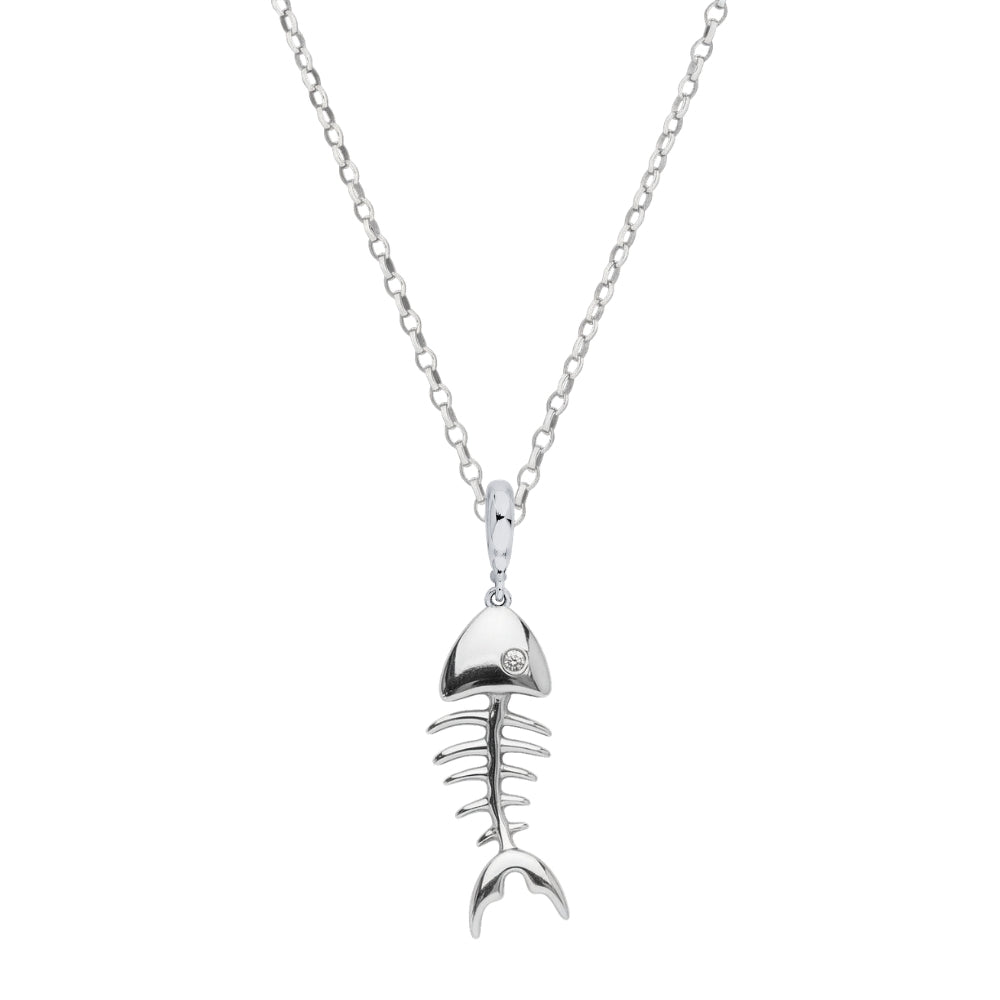 Sterling Silver Fishbone Necklace with Diamond - Connector Loop