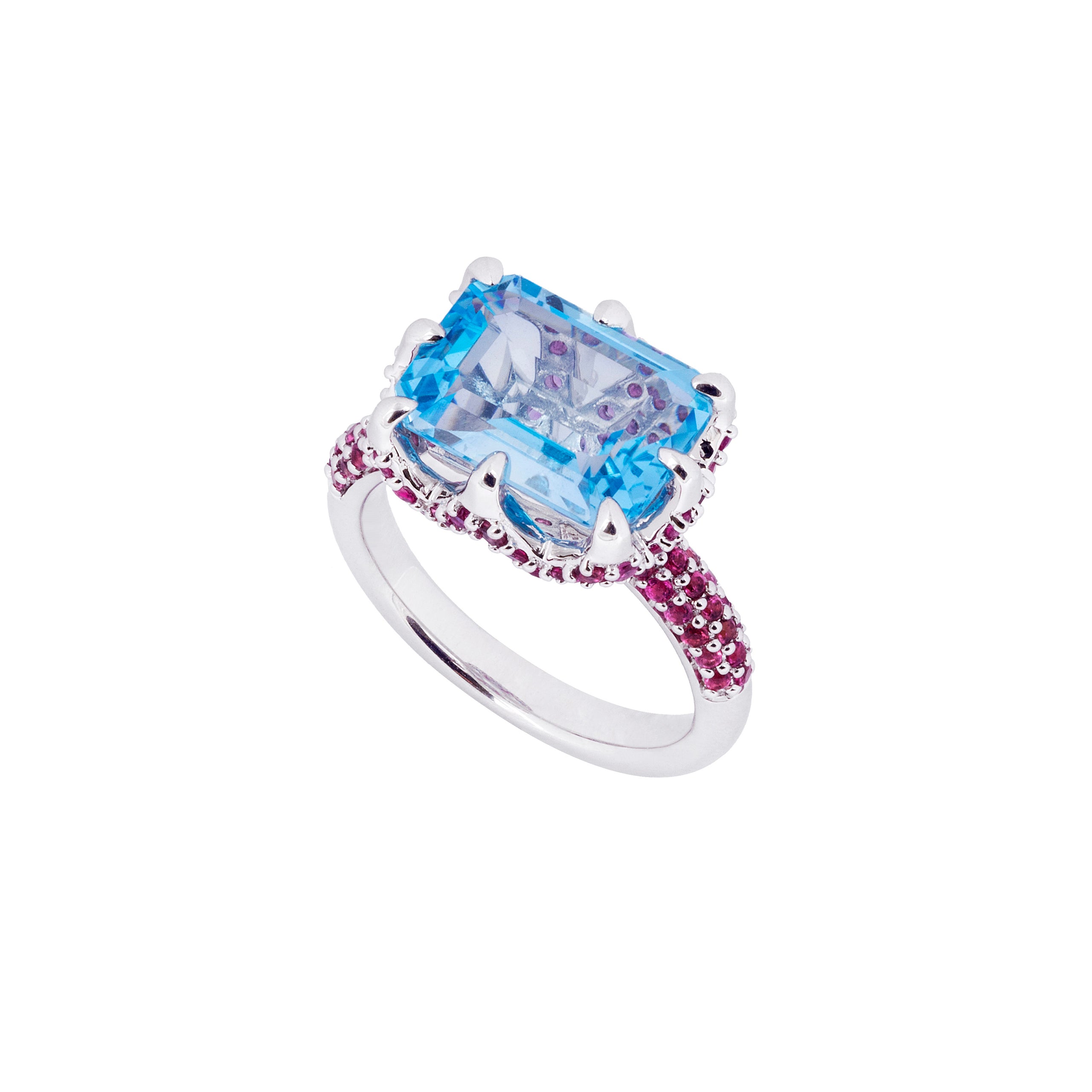 9ct White Gold Claw-Set Blue Topaz and Pavé-Set Pink Tourmaline Cocktail Ring