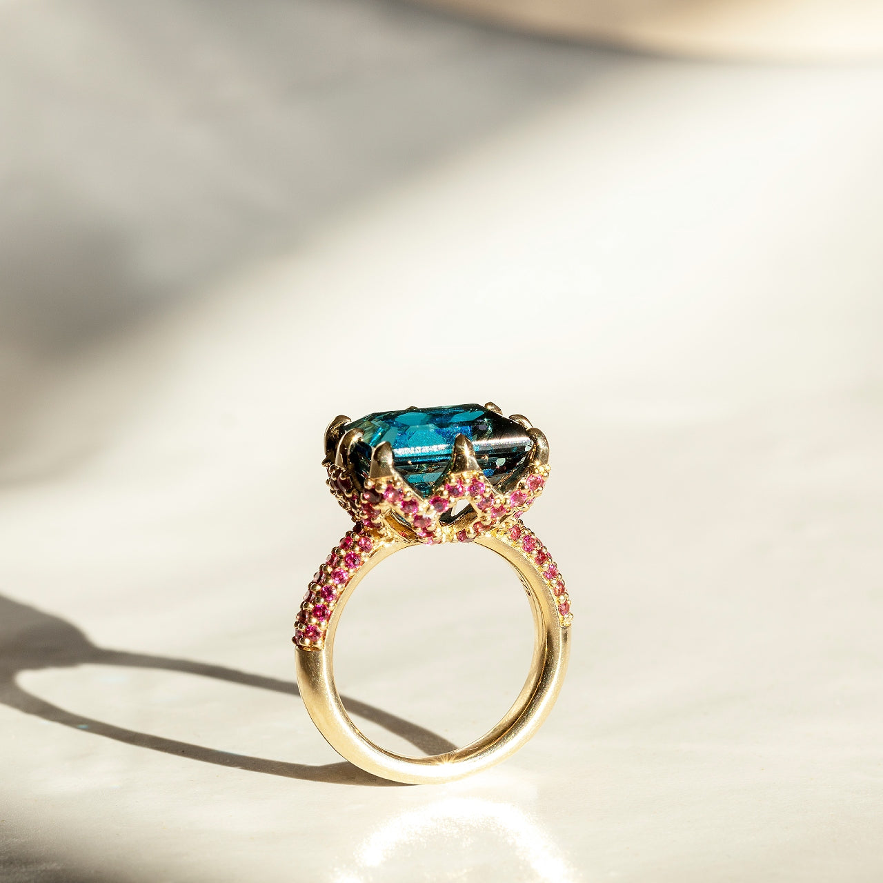 9ct Yellow Gold Claw-Set London Blue Topaz and Pavé-Set Pink Tourmaline Cocktail Ring