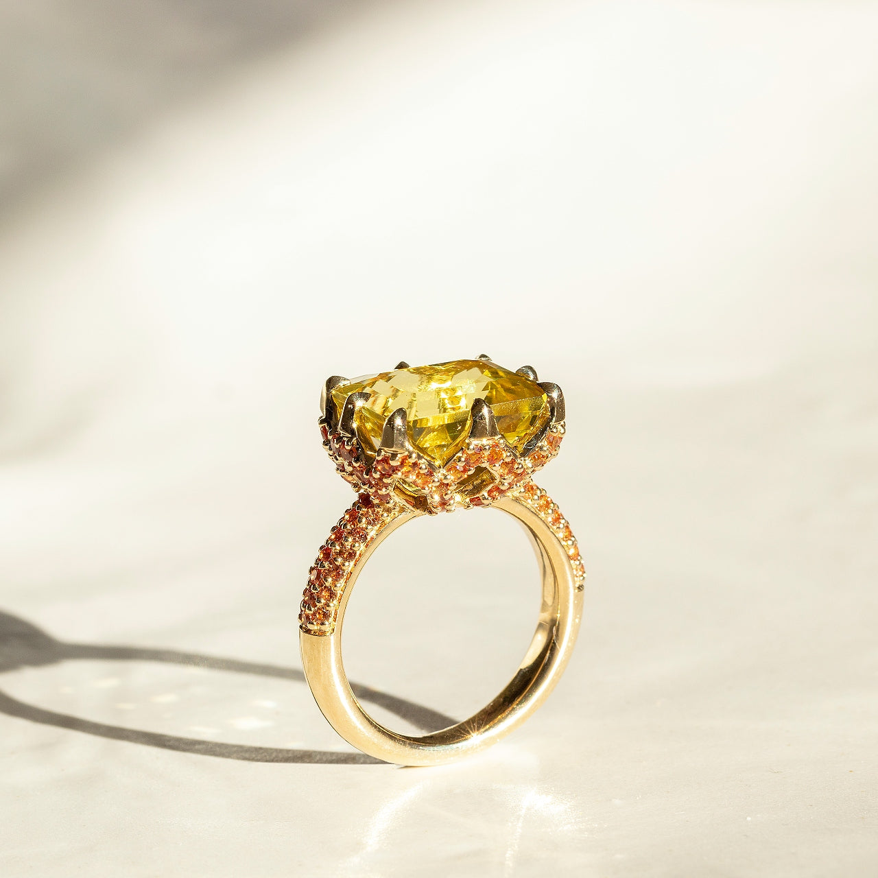 9ct Yellow Gold Claw-Set Lemon Quartz and Pavé-Set Orange Sapphire Cocktail Ring