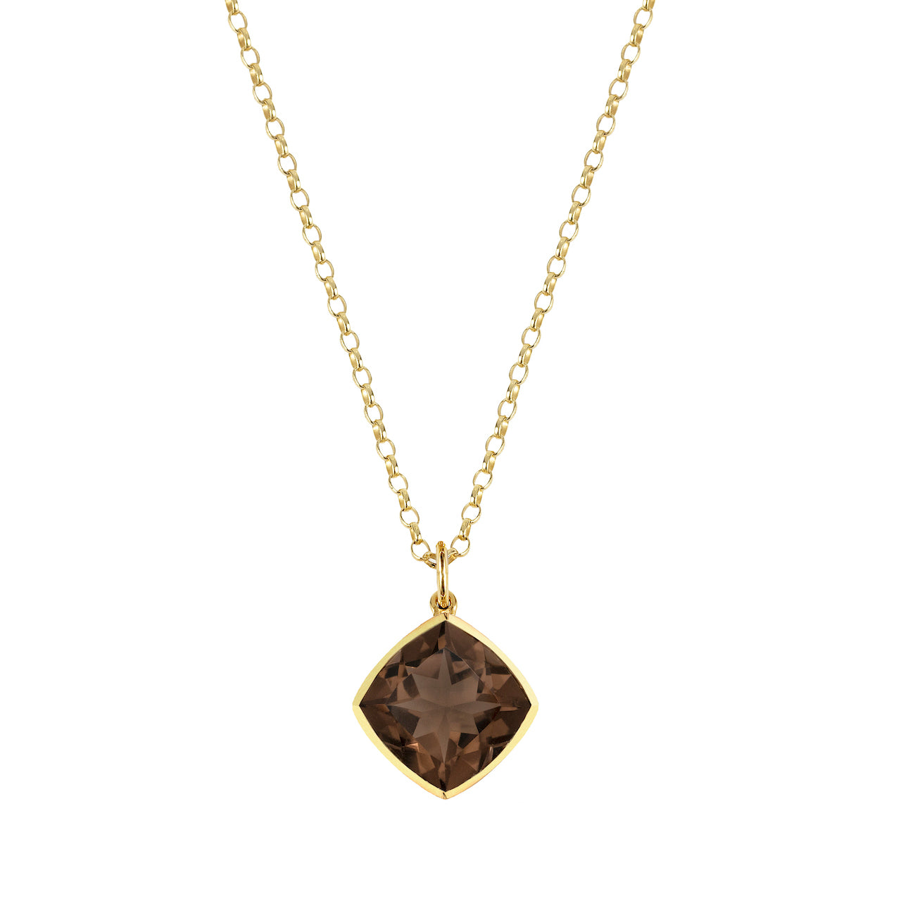 9ct Yellow Gold Rub-Over Set Cushion Smokey Quartz Pendant