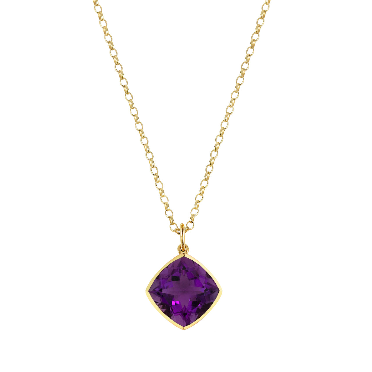 9ct Yellow Gold Rub-Over Set Cushion Amethyst Pendant