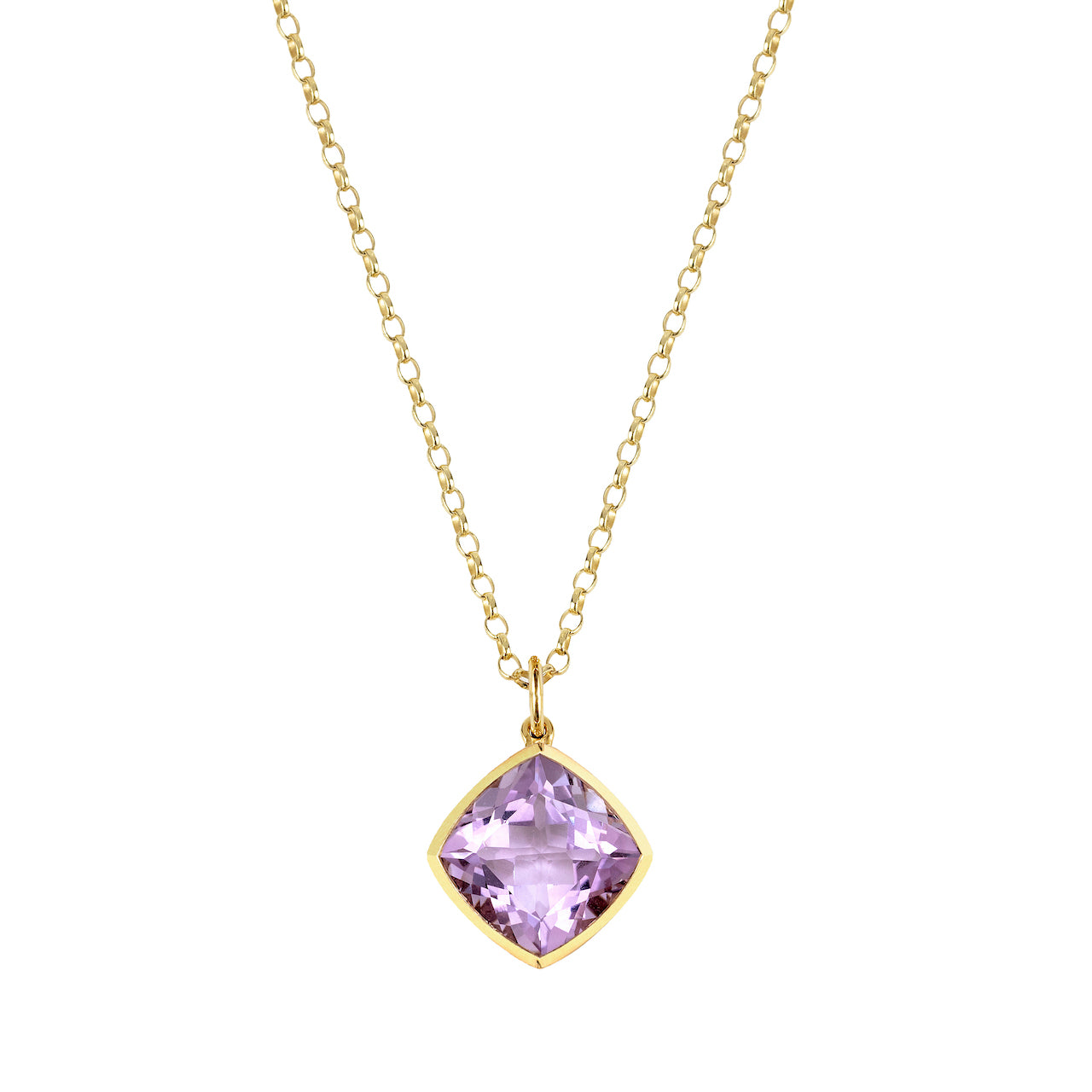 9ct Yellow Gold Rub-Over Set Cushion Pink Amethyst Pendant