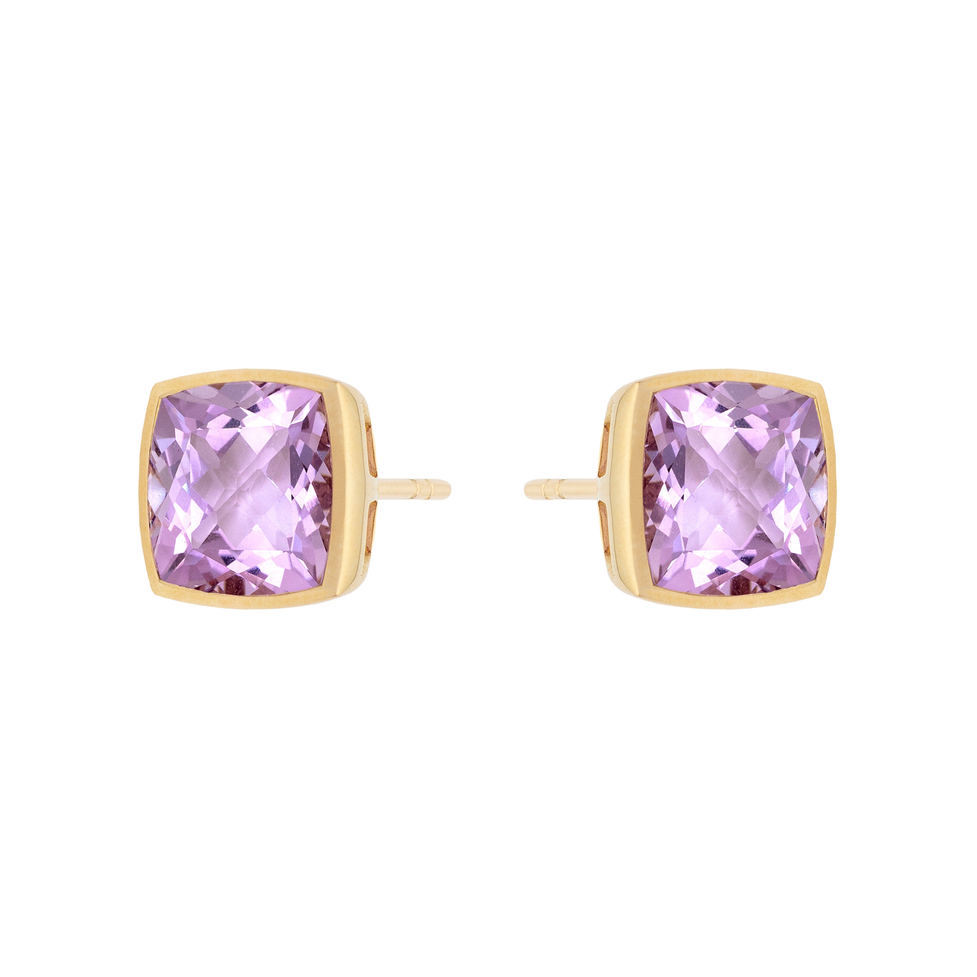 9ct Yellow Gold Rub-Over Set Cushion Pink Amethyst Earrings