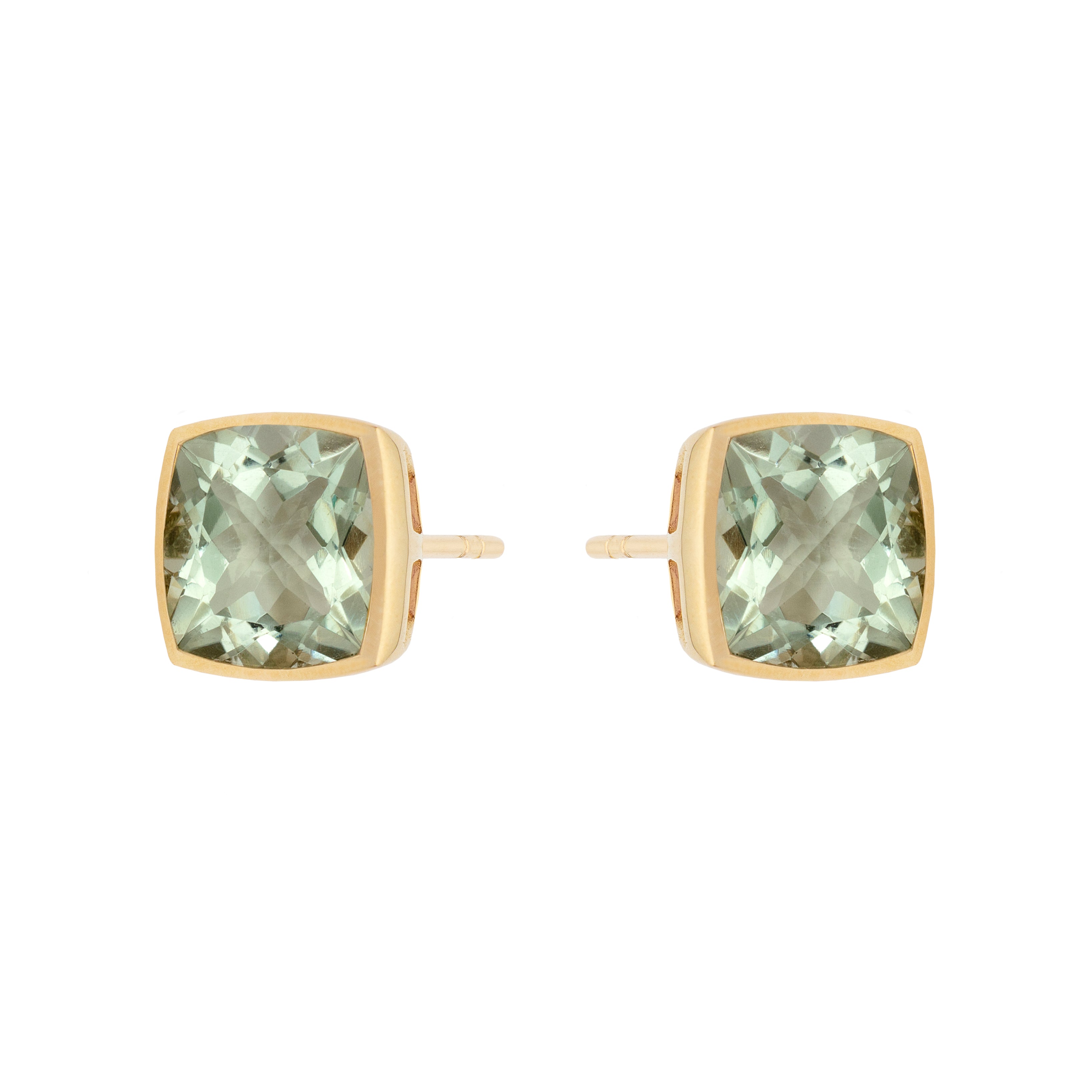 9ct Yellow Gold Rub-Over Set Cushion Green Quartz Earrings