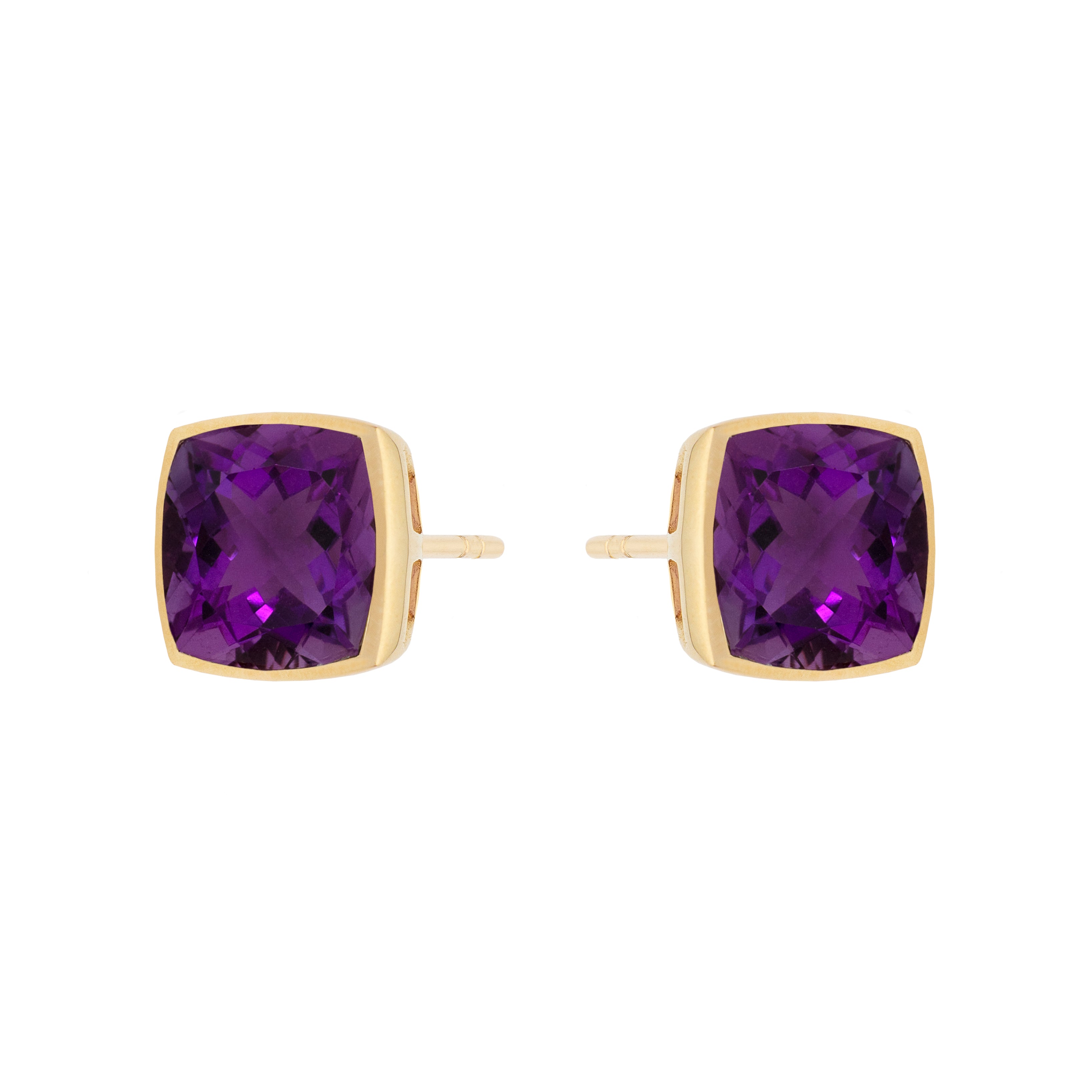 9ct Yellow Gold Rub-Over Set Cushion Amethyst Earrings