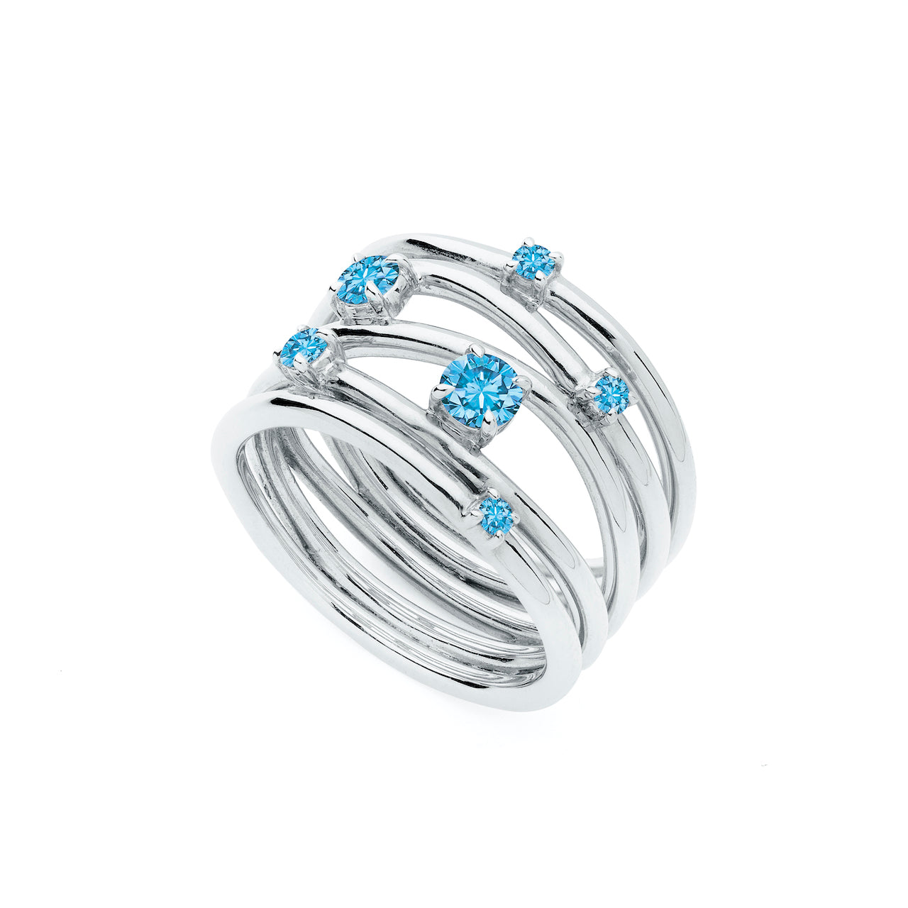 9ct White Gold Wide Band Wire Ring With Scattered Swiss Blue Topaz