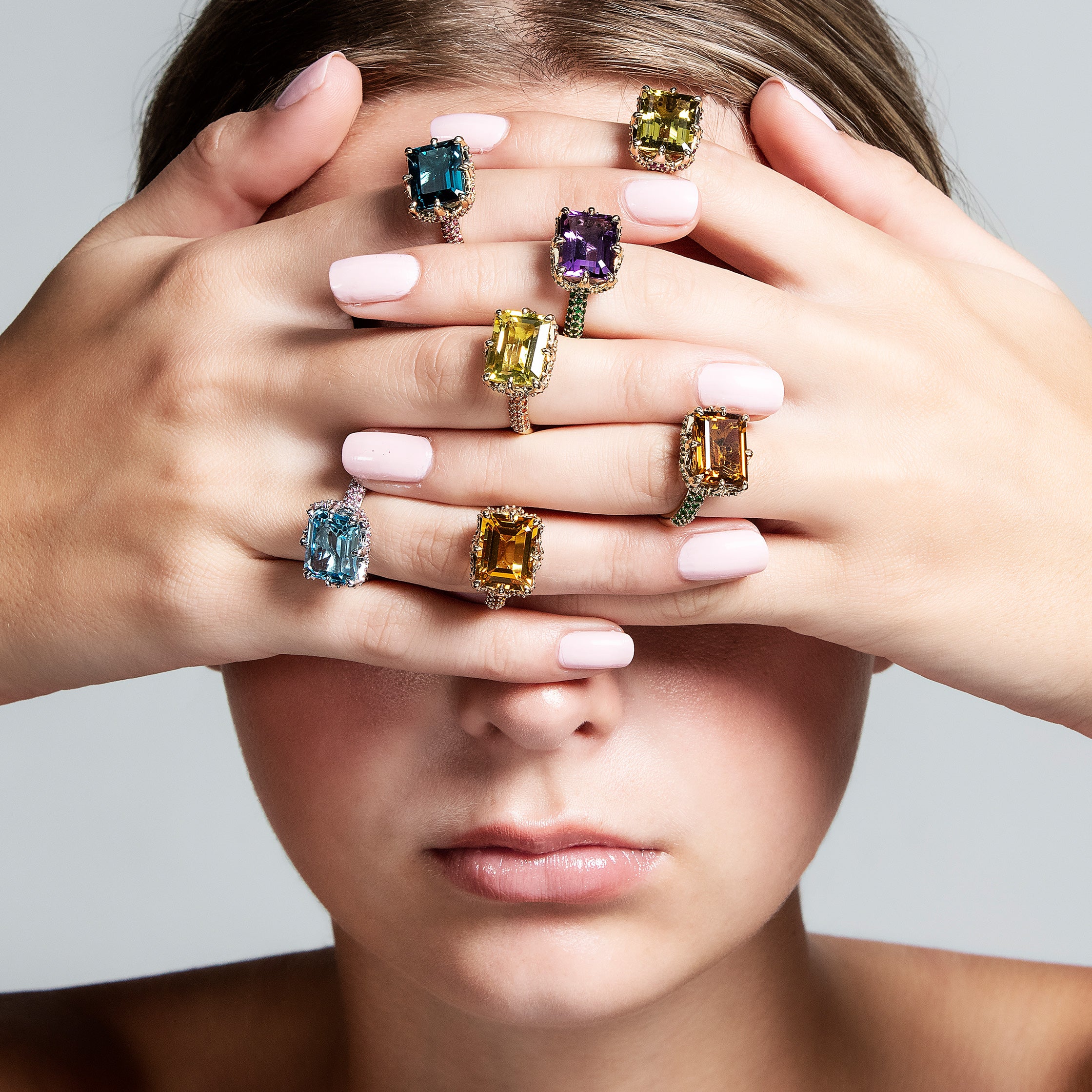 9ct Yellow Gold Claw-Set Whiskey Quartz and Pavé-Set Tsavorite Cocktail Ring