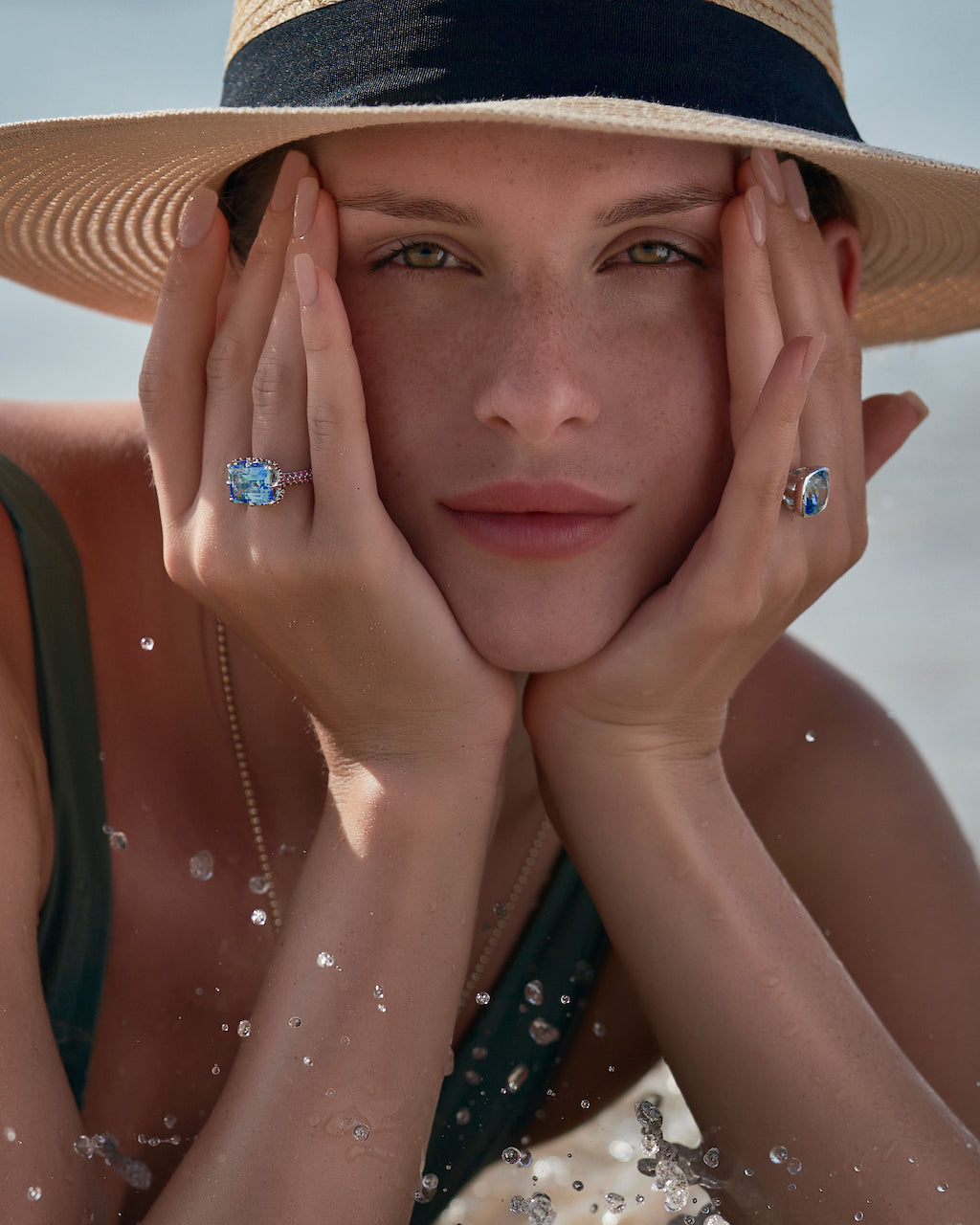 9ct White Gold Claw-Set Blue Topaz and Pavé-Set Pink Tourmaline Cocktail Ring
