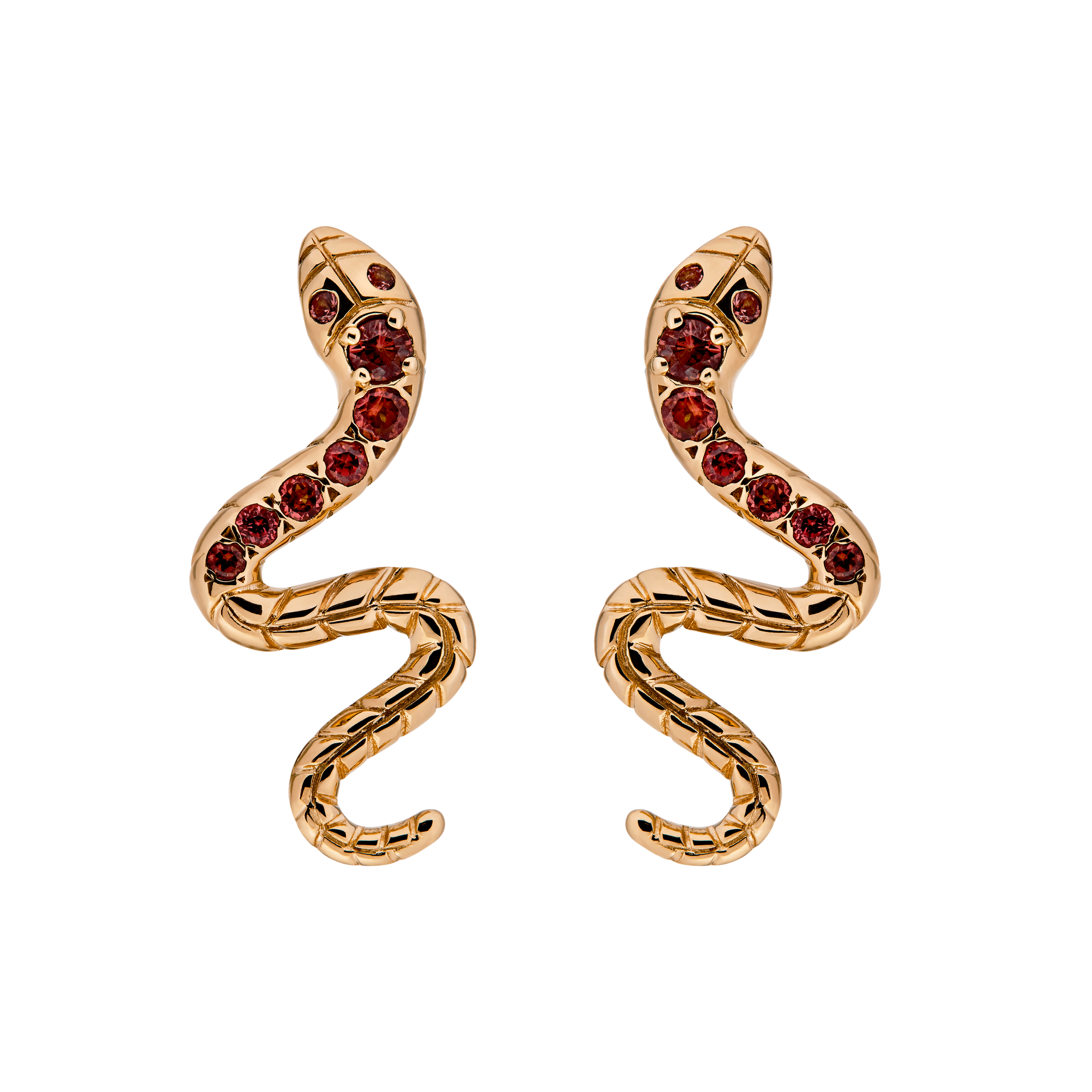 9ct Yellow Gold Snake Earrings Set with Red Spinel