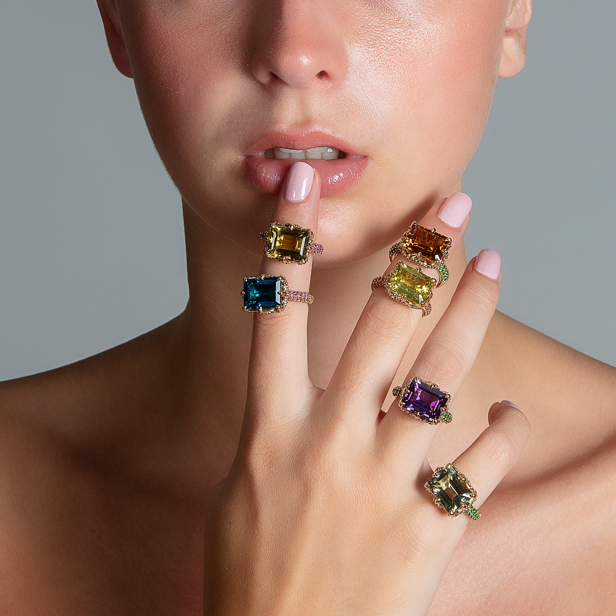9ct Yellow Gold Claw-Set London Blue Topaz and Pavé-Set Pink Tourmaline Cocktail Ring