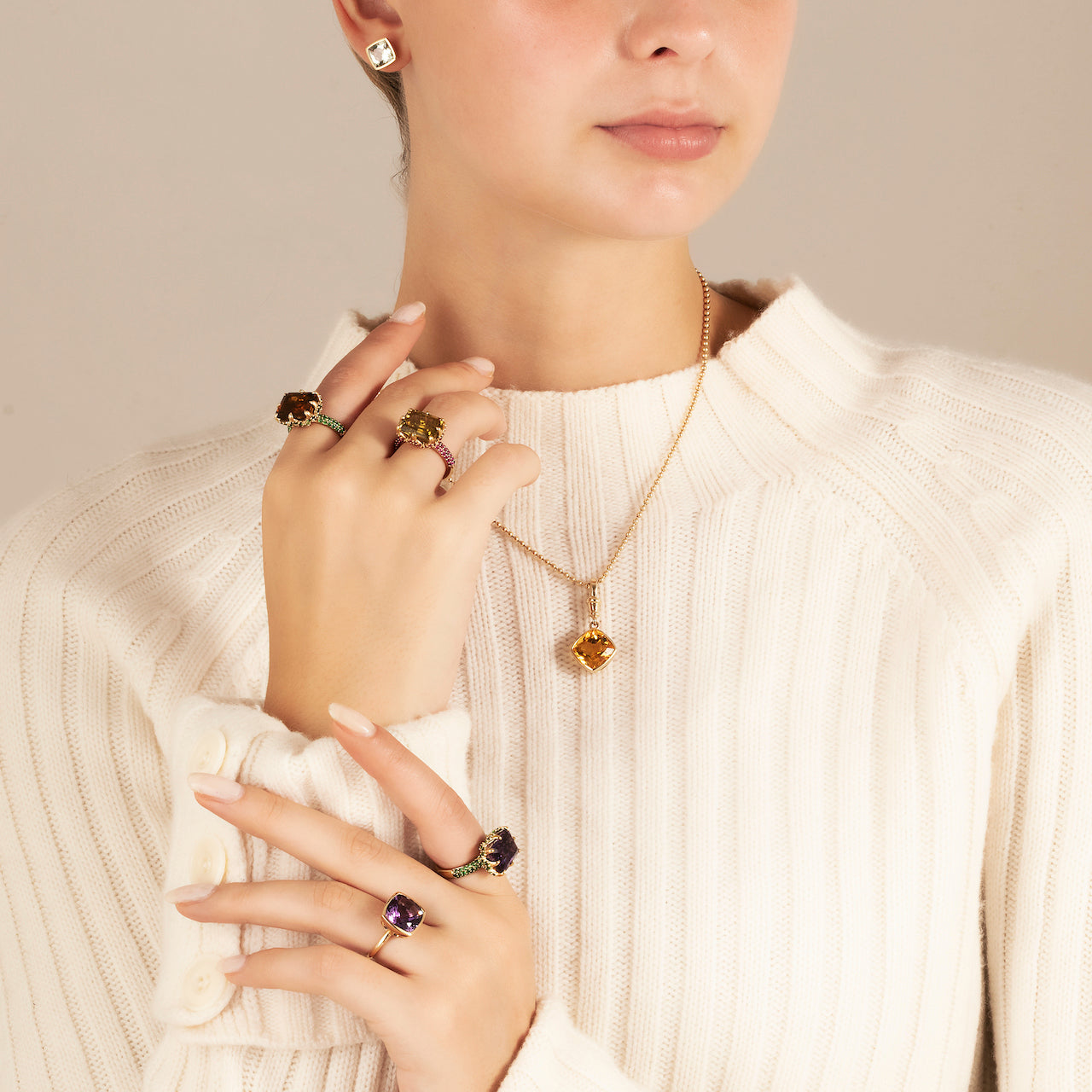 9ct Yellow Gold Claw-Set Amethyst and Pavé-Set Tsavorite Cocktail Ring