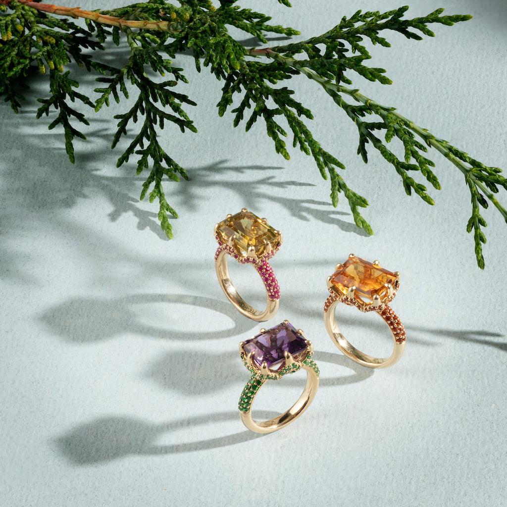9ct Yellow Gold Claw-Set Olive Quartz and Pavé-Set Ruby Cocktail Ring